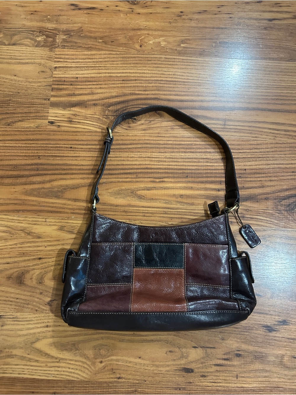 Jessica Patchwork Genuine Leather Shoulder Bag in Brown and Black